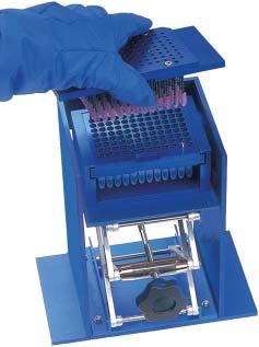 Compatible with 96 or 24 well micro titer plate format for subsequent storage or screening Can be used with both organic phases that are more dense (i.e chloroform) or less dense (i.