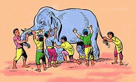 Each tried to determine what the elephant was like by touching it. The first blind man said the elephant was like a tree trunk; he had felt the elephant's massive leg.