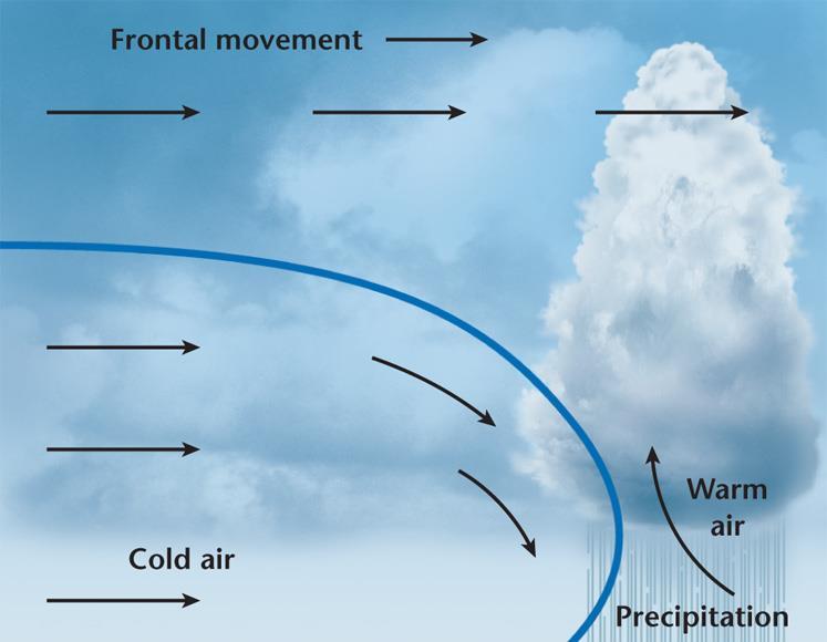 Cold Fronts Cold, dense air displaces warm air and forces the warm air up