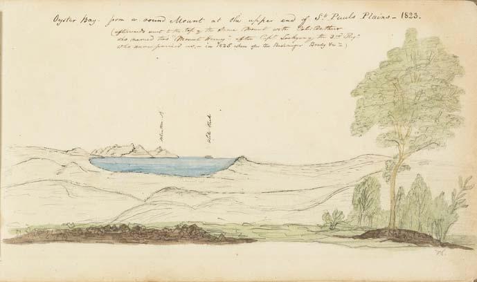 Source 7: Oyster Bay from or around mountain at the upper end of St Pauls Plains, Tasmania, 1823, drawn by Thomas Scott Source 8: Oyster Bay on the Freycinet Peninsula, Tasmania, 2004,