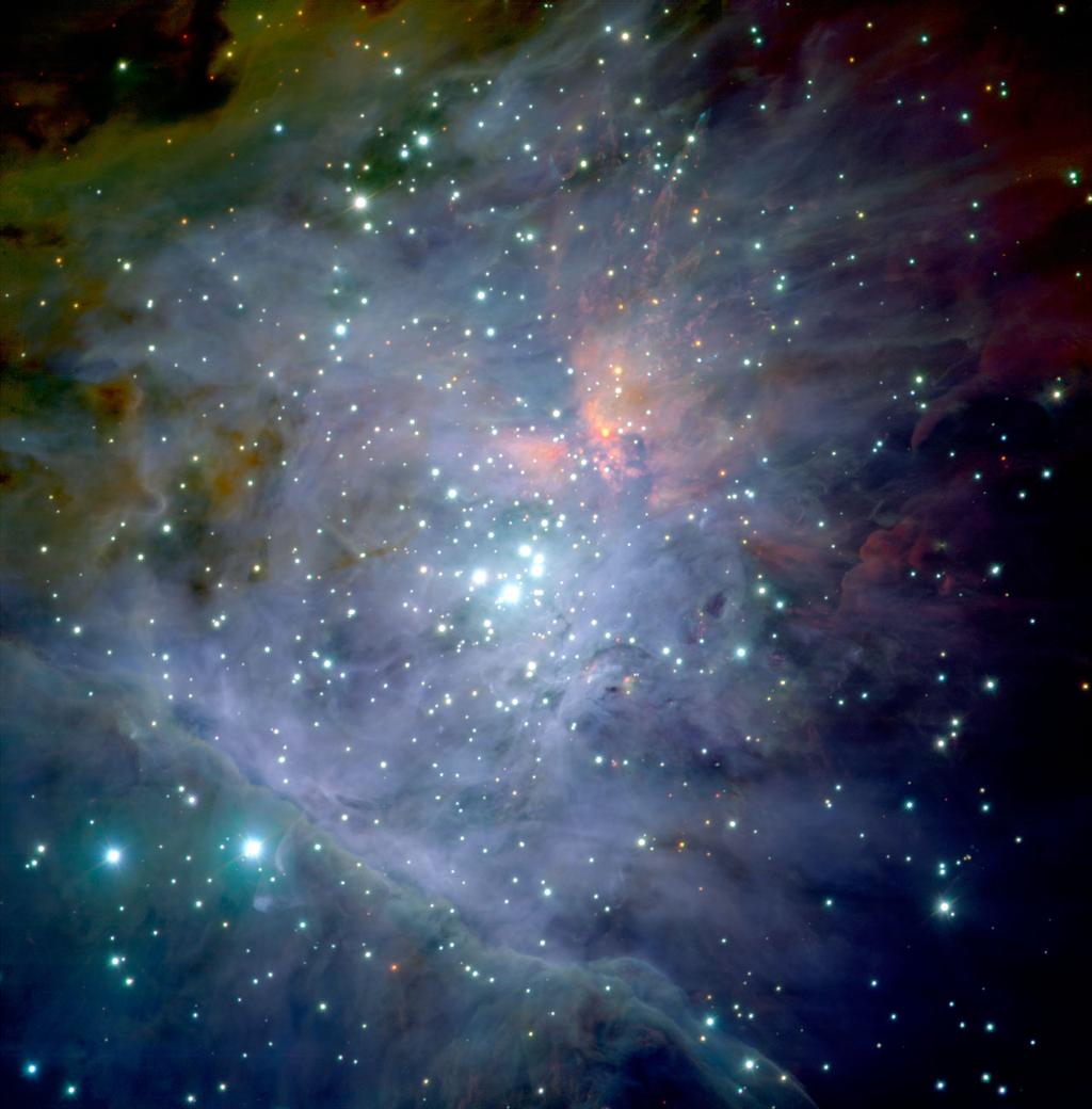 Figure 8.5: Left: Near-IR image of the central part of the Orion nebula, obtained with the Very Large Telescope of the European Southern Observatory. The nebula is diffuse gas ionised by hot stars.