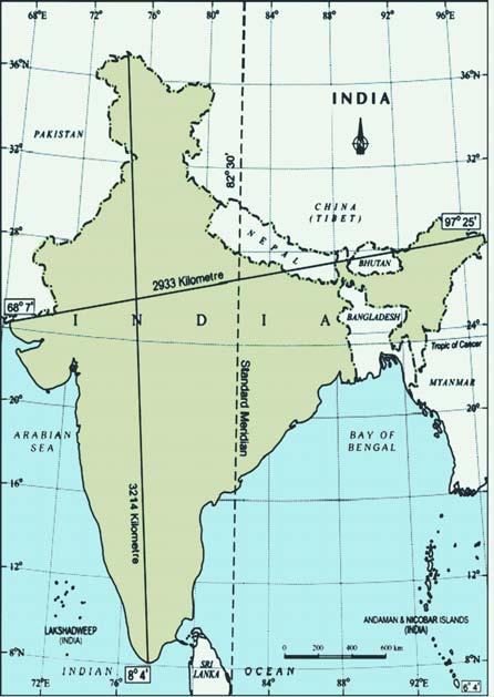 37 0.6`N Map 2 : India north-south, east-west extent and