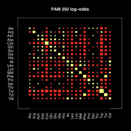 Hinton diagram of the PAM250 matrix Yellow boxes indicate positive values (accepted mutations) Red boxes indicate