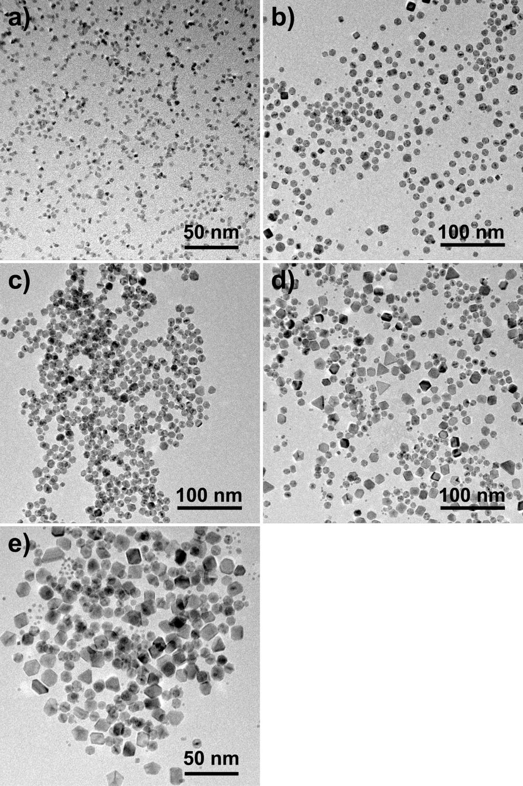 Figure S5. TEM images on the effect of HCl amounts on the formation of Pt Pd NIs. The amounts of HCl (1.0 M aqueous solution) were (a) 0 ml, (b) 0.12 ml, (c) 0.24 ml, (d) 48 ml and (e) 0.72 ml.