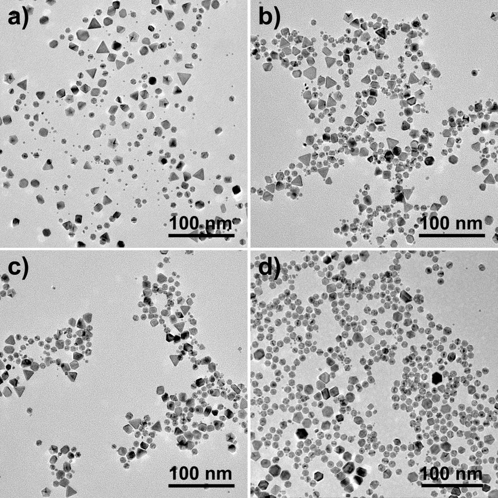 Figure S6. TEM images on the effect of reaction temperature on the formation of Pt Pd NIs. The reaction temperatures were (a) 150 C, (b) 160 C, (c) 170 C, and (d) 180 C.