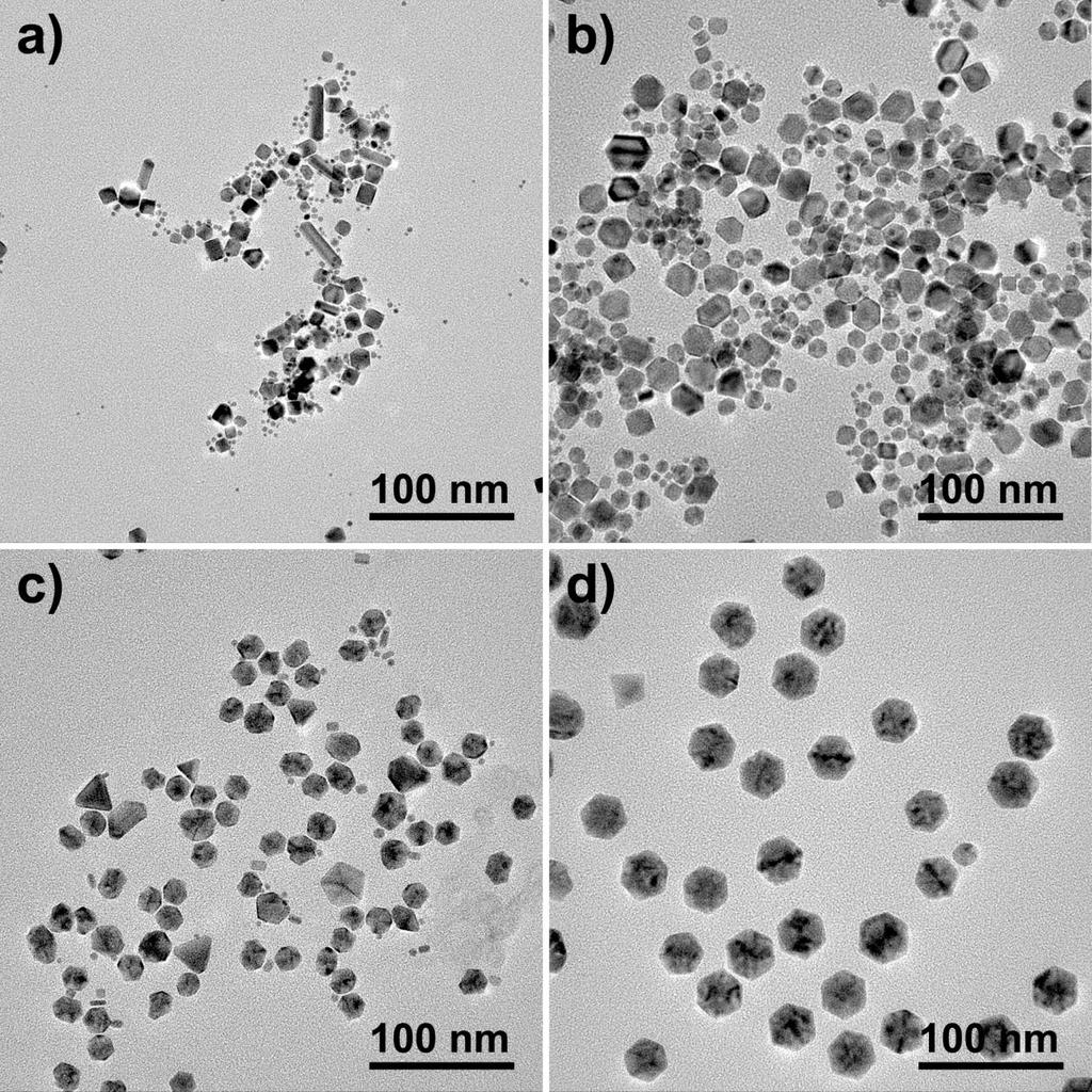 Figure S8. TEM images on the effect of Pt/Pd ratio on the formation of Pt Pd NIs. The amounts of K 2 PtCl 4 and Na 2 PdCl 4 were (a) 0.030 mmol + 0 mmol, (b) 0.022 mmol + 0.0075 mmol, (c) 0.