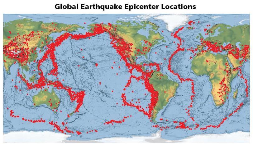Seismic Belts The majority of the world s earthquakes occur along narrow seismic belts that separate large regions