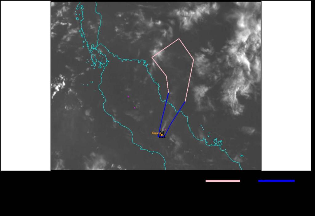 Volcanic Ash Example - shows an ash plume observed on visible satellite imagery.