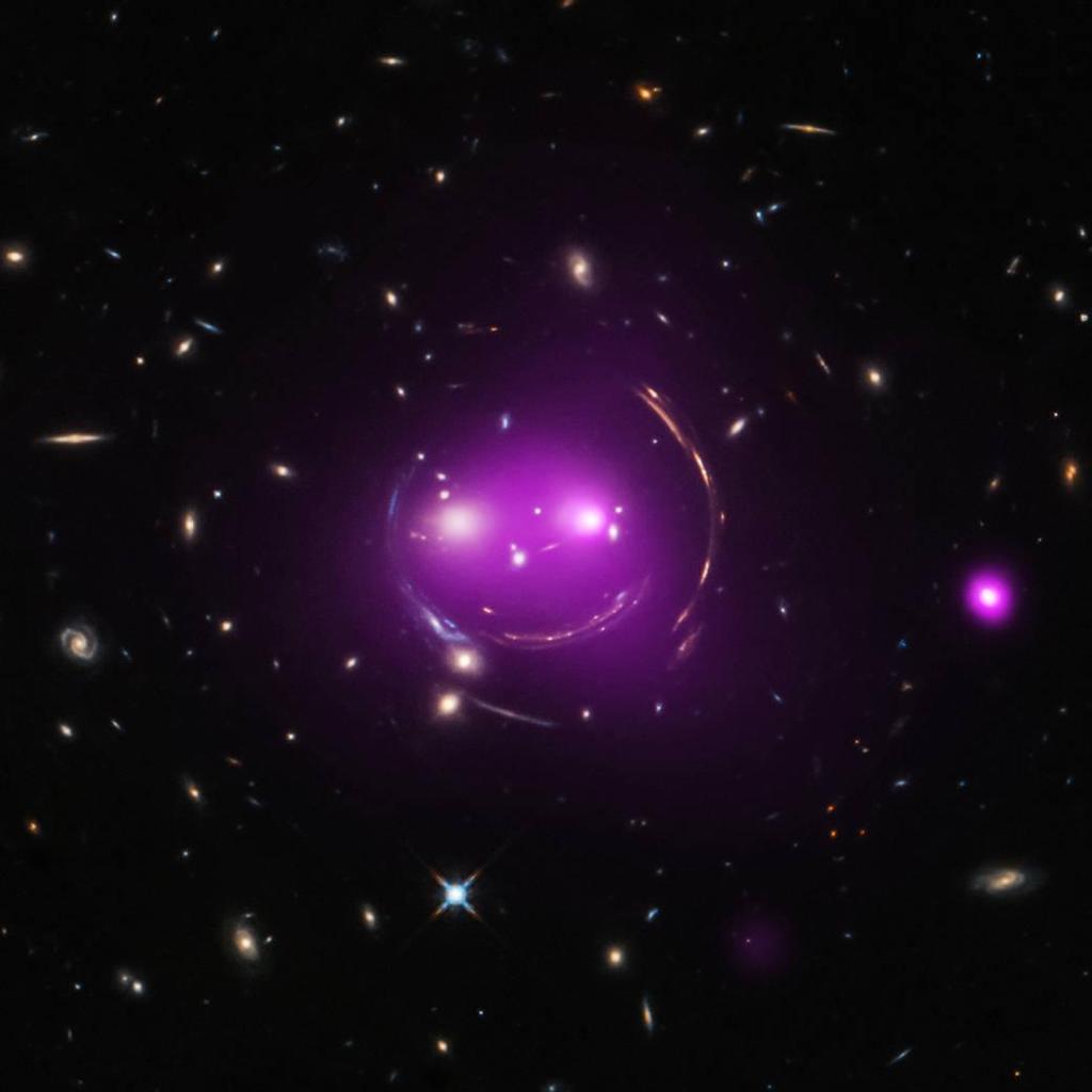 An example of gravitational lensing caused by the mass in a group of galaxies: The Cheshire Cat Dark matter is present in clusters of galaxies Gravitational lensing is caused by the distortion of
