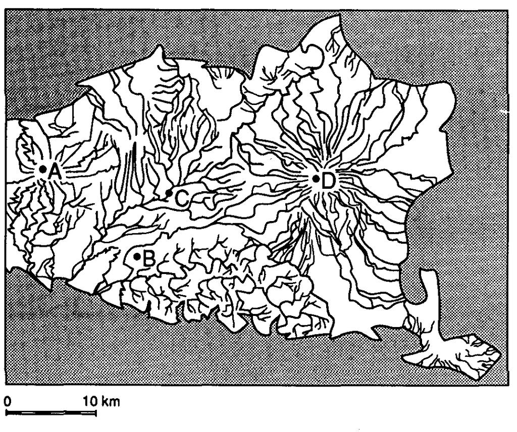 17. The topographic map below shows a particular landscape. Which map best represents the stream drainage pattern for this landscape? 18.