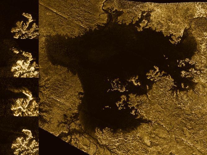 Caption: Radar images from Cassini showed a strange islandlike feature in one of Titan's hydrocarbon seas that appeared to change over time.