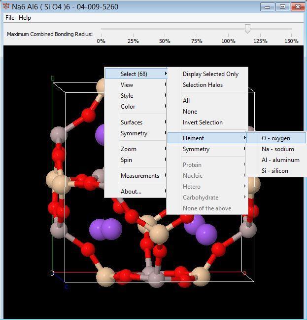 Making Adjustments to the 3D Display For example, to display just the oxygen atoms: Choose Select / Element / O - oxygen (Make sure the Display Selected Only item is checked).