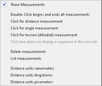 Measurement Bond distances and angles can be calculated and displayed on the structure display itself. This is accomplished through the Measurements menu item.
