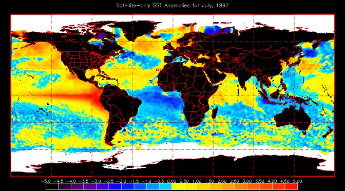 Figure 26. Satellite image of ocean temperature, 1997, showing strong warm PDO in the eastern Pacific.