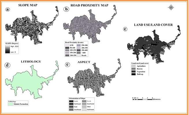 Fig.3. (a) slope (b) road proximity(c) land use (d) lithology (e) aspect [1] All five criteria maps were converted into raster format, so that for each pixel, a score can be determined.