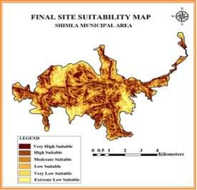 reveals that the study area was divided into six different suitability categories. The area under extreme low, very low, low, moderate, high and very high lands stand at 4.95 km ², 2.8 km², 1.