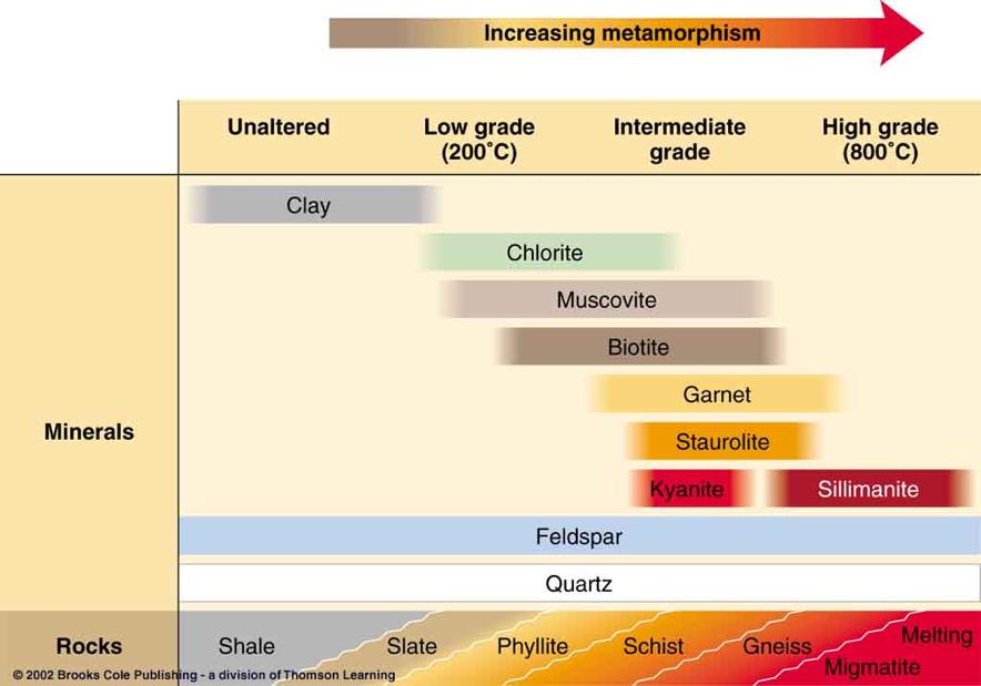 Metamorphic Grade Change in mineral assemblage and rock type with increasing metamorphism of shale.