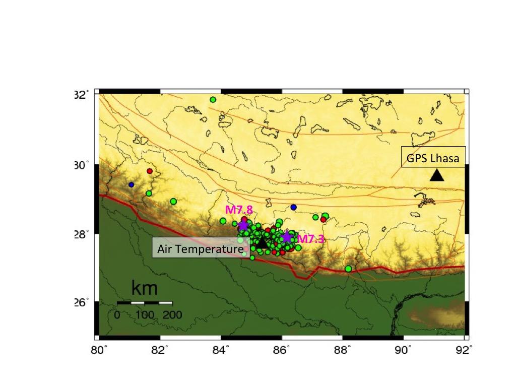Figure 1. Reference map of Nepal region, with the location of earthquakes >M4 for Jan- May 2015. The location of M7.8 of April 25 and M7.