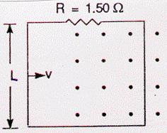 10. The conducting rod in the diagram is 15 cm long and is moving at a speed of 0.95 m/s through a magnetic field. If the resistance in the circuit is 1.