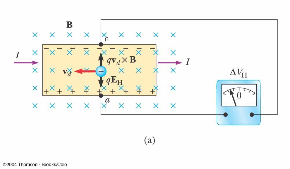 The Hall Effect When a current carrying conductor is placed in a magnetic field, the magnetic force causes a separation of charge in the conductor which produces a charge separation and voltage, V H,
