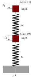 Two massless springs have spring constant K, and masses are both m/2. a) What is compression of each spring at equilibrium?