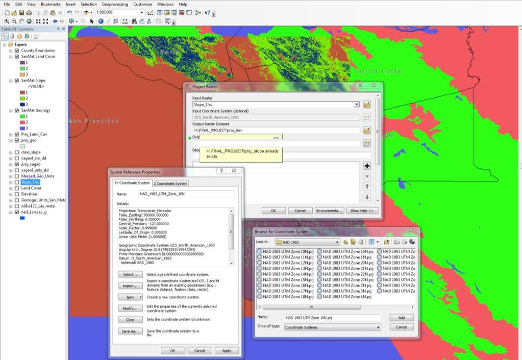 Once all the layers are added onto ArcMap, it is then required to change the Projection. The projection chosen for this project is UTM Zone 10, NAD 1983.