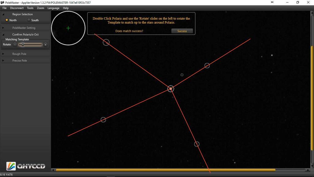 Double click on the bright star Polaris and rotate the template that appears by using the Matching Template slider at the left hand side of the screen or you can use the + and buttons, up and down
