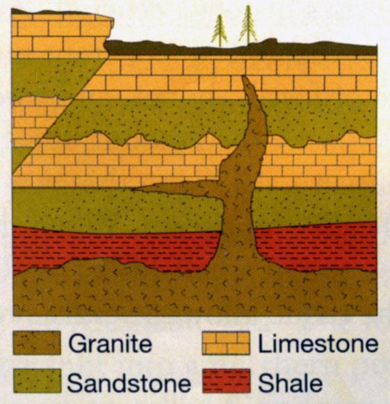 Examine the illustration below. The legend will help you to interpret the layers Label the relative age of each rock layer. The bottom layer is the oldest, so mark it with a 1.