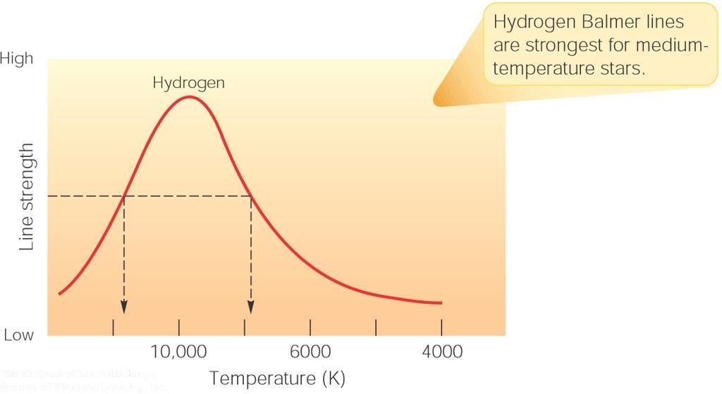The Balmer Thermometer Balmer line strength is sensitive to temperature: Most hydrogen atoms are ionized => weak Balmer lines