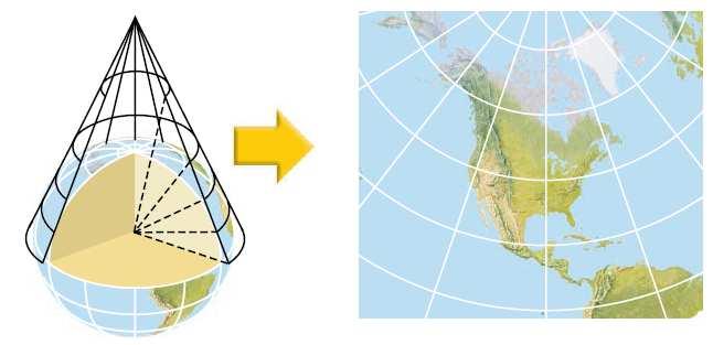 Conic Projection A projection made by placing a paper cone over a lighted globe so that the axis of the cone aligns with the axis of the globe is