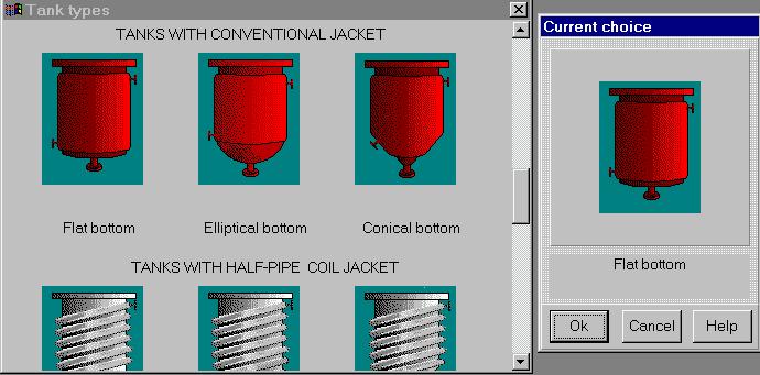 coil, and embossed/dimpled jackets) appears. Click on the diagram of your tank (flat bottom, conventional jacket), and it will appear in the Current choice window on the right (Figure 3).