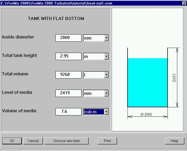Figure 4. Entering tank data. Click OK to confirm your input, and the Baffle types menu with different baffle options (no baffle, two types of flat baffles and two types of tubular baffles) appears.