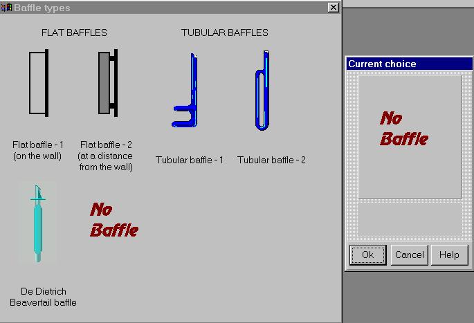 Click OK to confirm your choice. Figure 5. VisiMix baffle selection. VisiMix Impeller types menu will then appear.