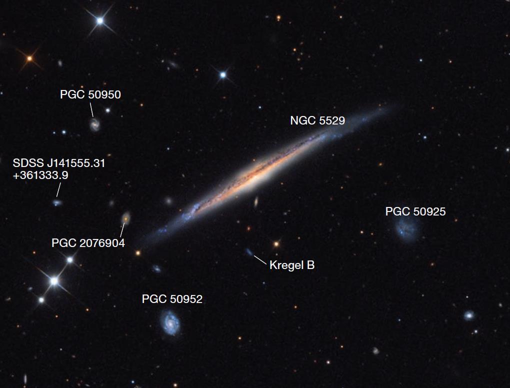 What is it? It s a small companion galaxy of the edge on galaxy NGC 5529. Why you want to see it: PGC 50925 is a magnitude 16.8 galaxy that s probably causing the wrap in NGC 5529.