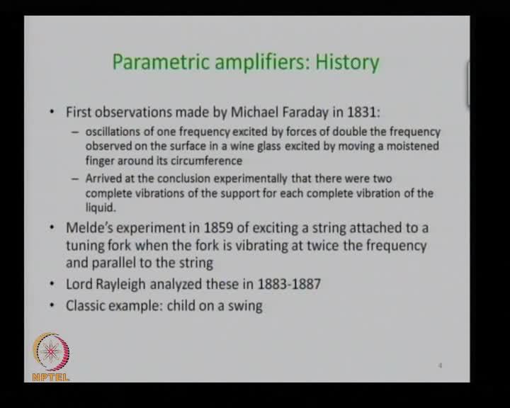 (Refer Slide Time: 56:30) Incidentally, parametric amplifiers were investigated about Michael Faraday in 1831: so you take a wine, if you rub your