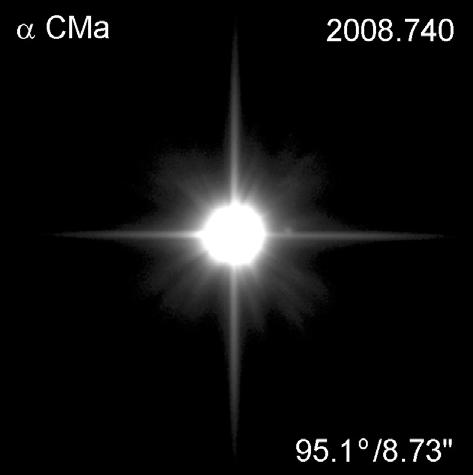 Figure 4: Sirius. The faint companion has moved from 2008 to 2009 by about 5 o. Left image: 66 frames x 12 msec, right image: 36 x 12 msec.
