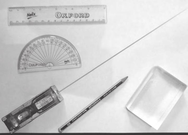3 A student has the equipment shown in Figure 1: protractor 15 cm ruler laser light source pencil sheet of paper rectangular block of plastic.