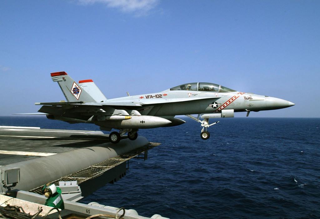 A Boeing F/A-18 Super Hornet with mss of 30,000kg lnds on the deck of n ircrft crrier t speed of 140 mi/hr (~63 m/s) nd is brought to rest by n rresting cble (shown t the very bck of the ircrft) tht