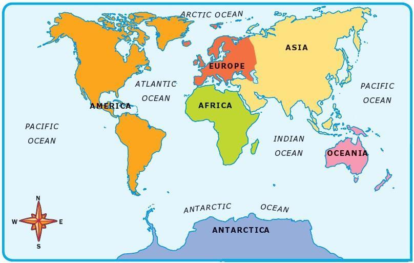7 Continents: 1.Europe 2.North America 3. South America 4. Africa 5.Asia 6. Oceania 7.