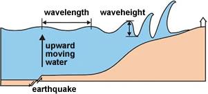 Tsunamis A large and destructive sea wave caused by an earthquake or volcano out at sea. This can travel extremely fast towards land and can cause a lot of damage.