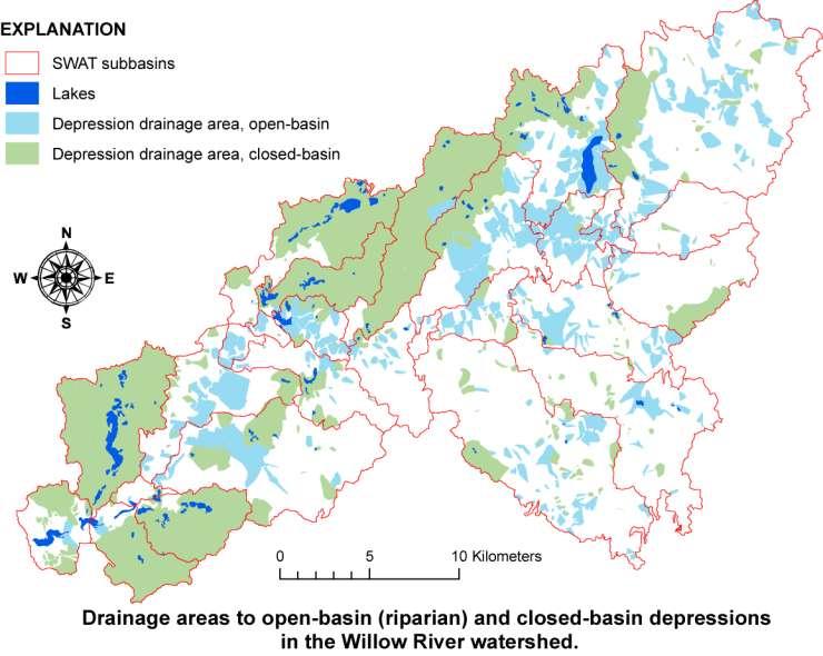 Drainage areas to depressions Willow River watershed -- Drainage areas determined by hand, from topographic maps --