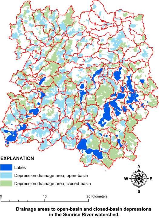 Drainage areas to depressions Sunrise River watershed -- Drainage areas determined by using ArcHydro Tools ArcHydro depression analysis: -- Ignored depressions (a) with drainage areas < 1 ha, or (b)