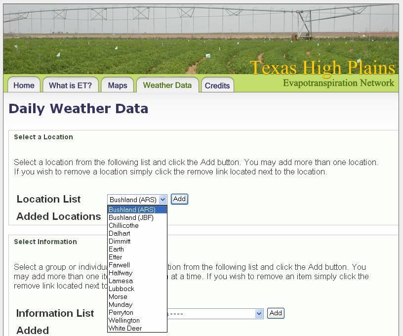 Select a Location A pull-down menu is used to select one or more meteorological stations from the list.
