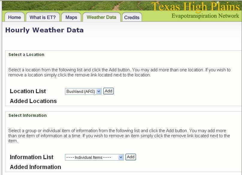 Hourly Weather Data Like the daily data query, the hourly data query selection includes pull down menus for locations and data items.