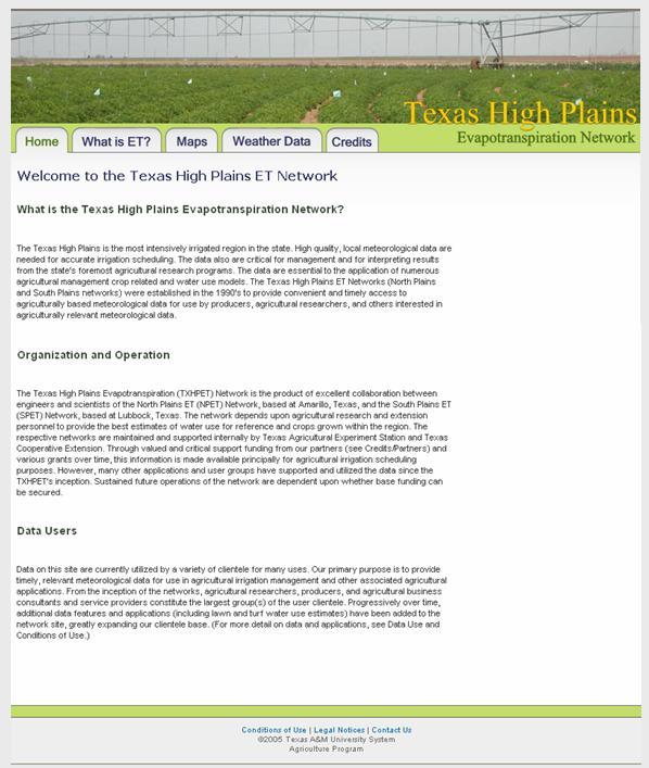 TXHPET Home Page The Texas High Plains ET Network website http://txhighplainset.tamu.edu/ is the focal point for information distribution for the TXHPET.