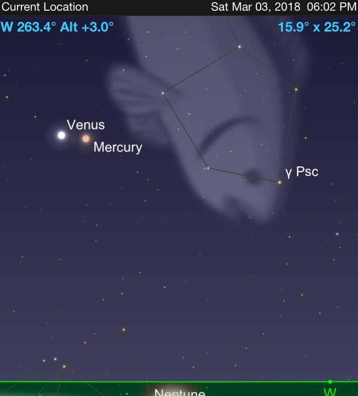 Mar 3, 2018 Venus/Mercury Conjunction 6:00pm AZ=263 deg EL=3 deg