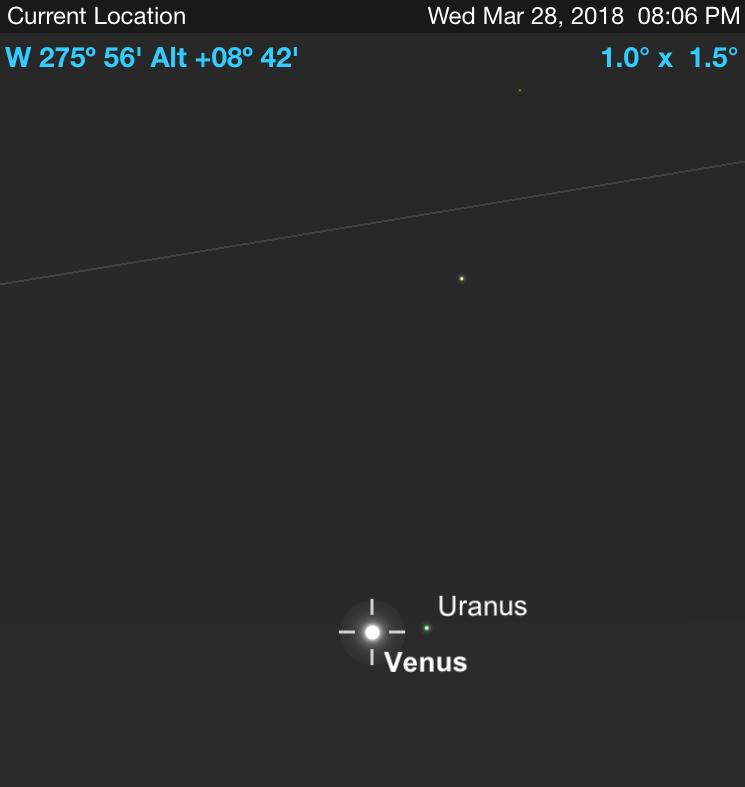 Mar 28, 2018 Venus/Uranus Conjunction 8:00pm AZ=275 deg EL=8