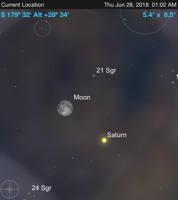 Jun 28, 2018 Moon/Saturn Conjunction 1:00am AZ=179 deg EL=28
