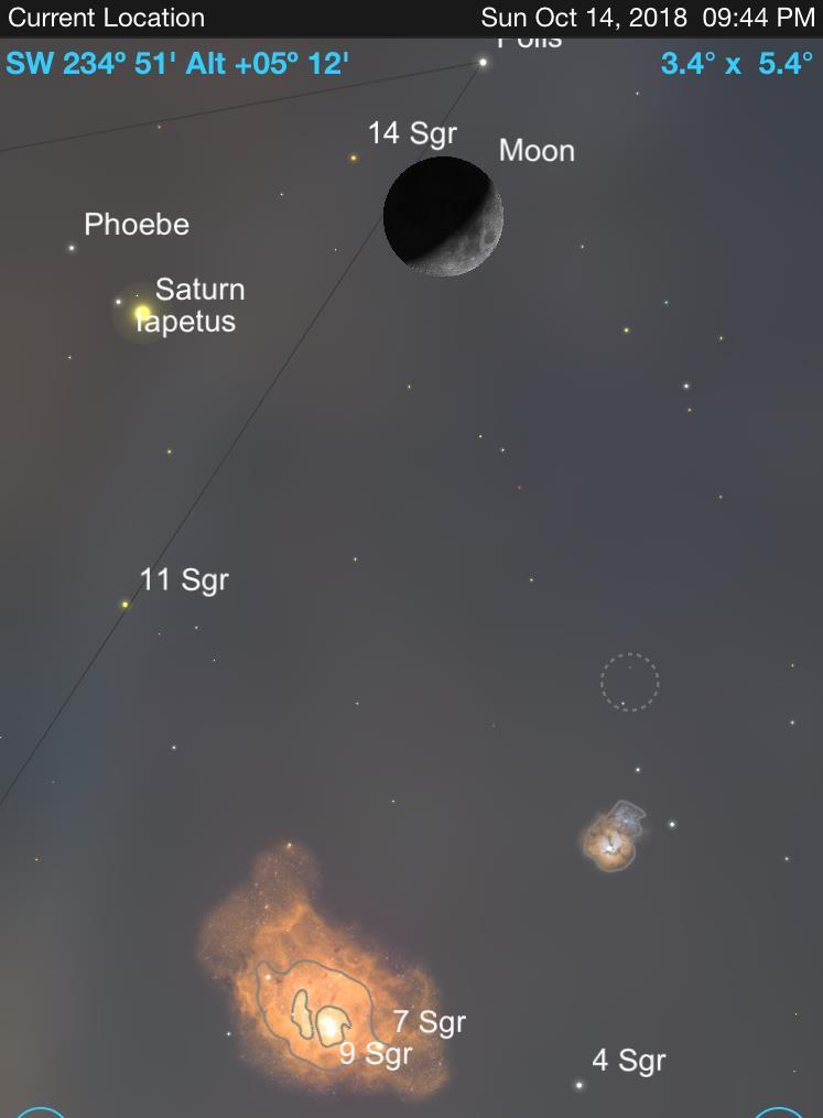 Oct 14, 2018 Moon/Saturn/M8 Conjunction Constellation: Sagittarius 9:44pm AZ=234