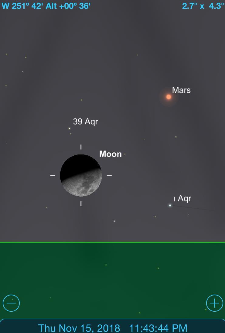 Nov 15, 2018 Moon/Mars Conjunction 11:40pm AZ=251 deg